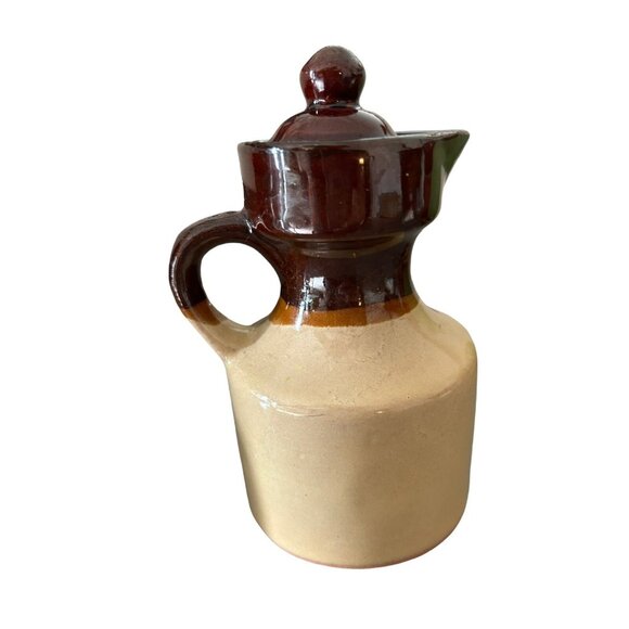 Vintage Stoneware Pottery Oil And Vinegar Raised O/V Redwing? Brown Beige w Lids - Picture 12 of 12